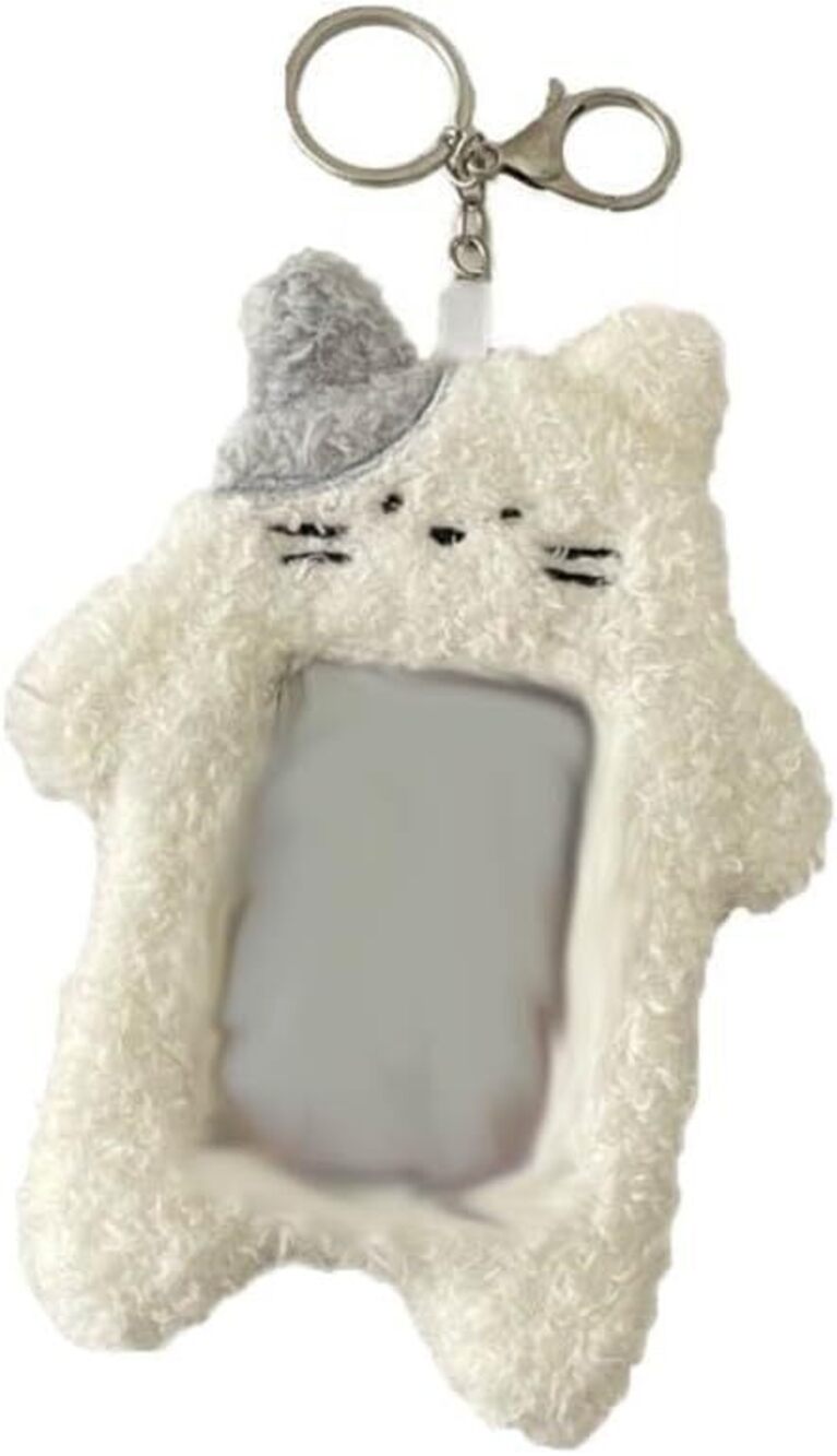 5940 1Pc White Cartoon Plush Photocard Holder with Keychain Pendant Kawaii